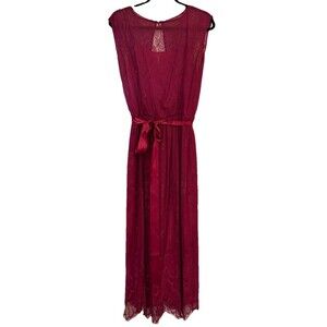 VTG 70’s JcPenney Burgundy Lace Overlay Maxi Dress With Satin Ribbon Tie Sz 12 T